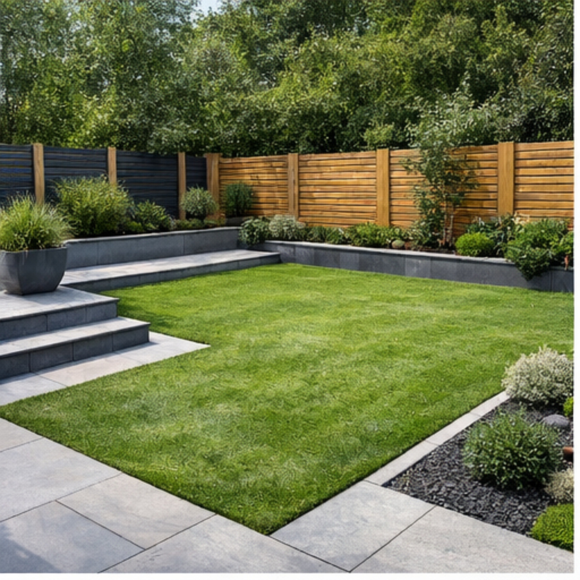 Modern lawn and timber fencing
